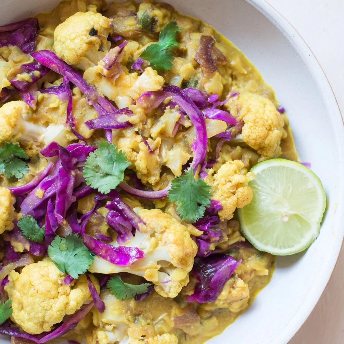 Enjoy a vegetarian feast: Delicious Red Cabbage, Cauliflower & Coconut Dhal, perfect for a cozy dinner.