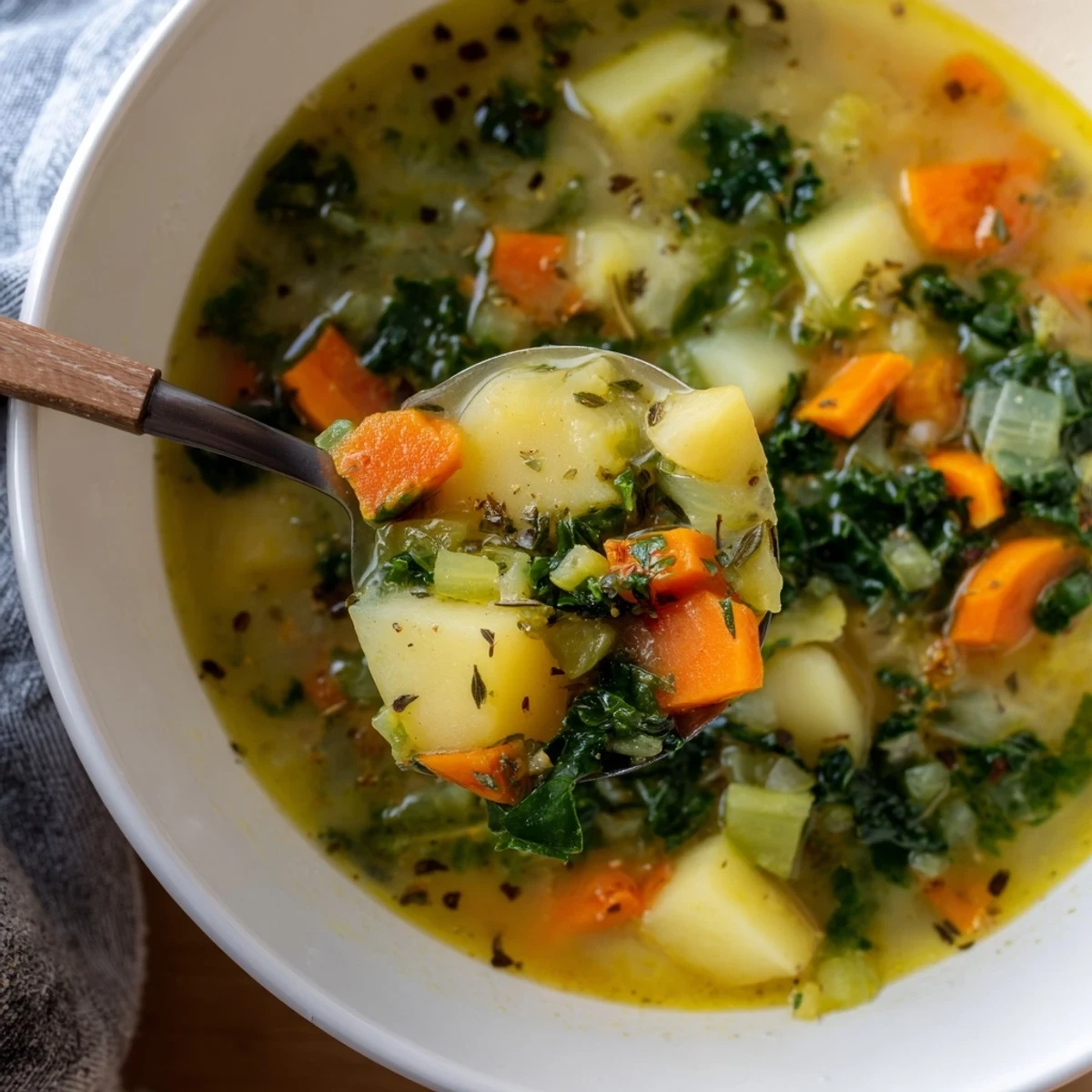 Hearty Vegetarian Potato-Kale Soup, with vibrant kale and tender potatoes, perfect for a cozy, delicious meal.