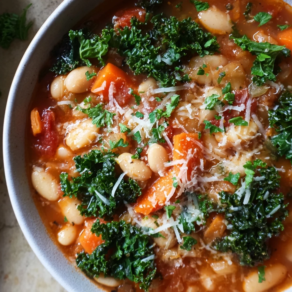Homemade Italian Bean & Kale Stew, featuring tender beans and kale in a savory tomato broth.