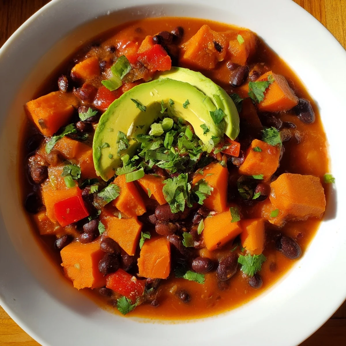 Steaming bowl of delicious Sweet Potato & Black Bean Chili, ready to be garnished and enjoyed.