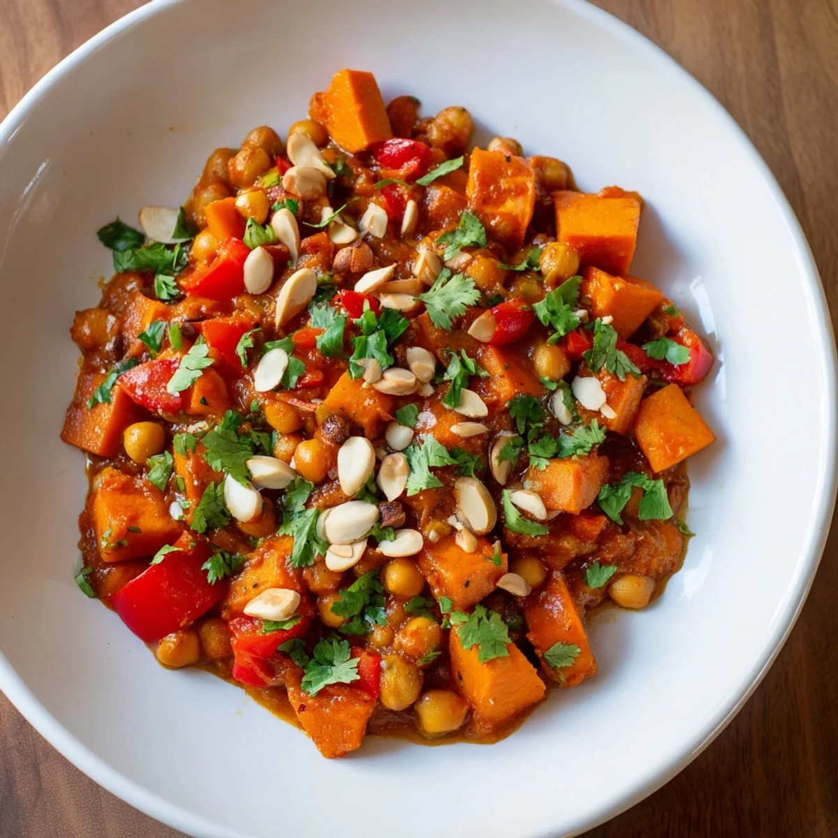 A close-up of a bubbling pot of Moroccan Chickpea & Sweet Potato Tagine, garnished with fresh cilantro and toasted almonds.