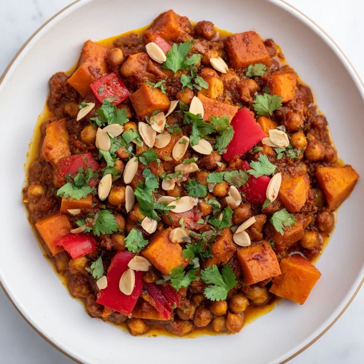 This comforting Moroccan Chickpea & Sweet Potato Tagine simmers, its rich aromas promising a flavorful vegan dinner.