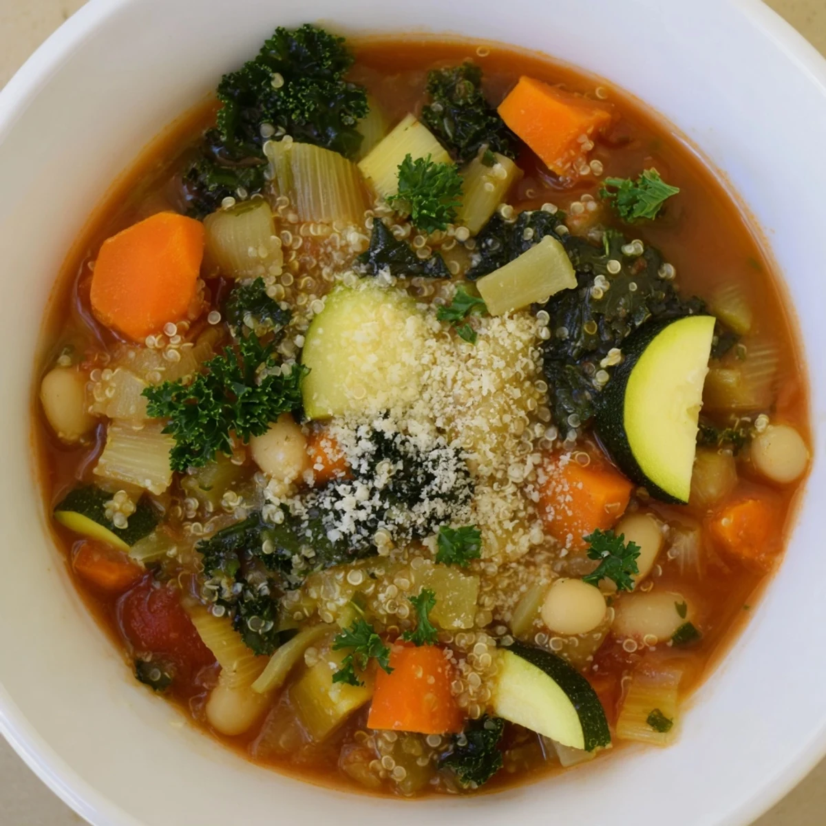 Hearty Minestrone with Quinoa, showing colorful vegetables and a rich broth ready to enjoy.