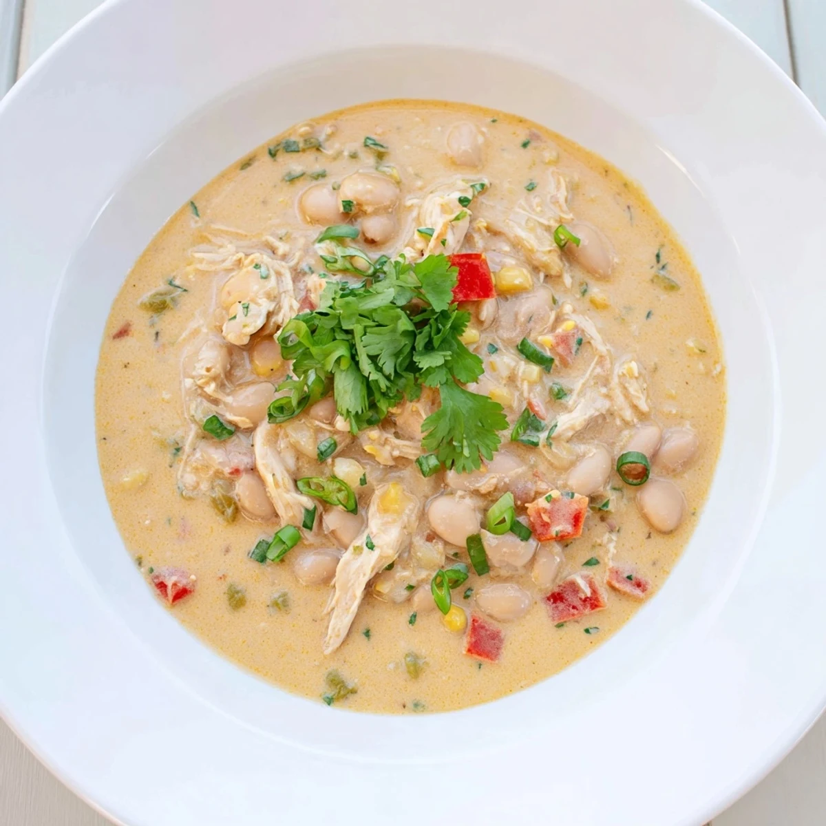 Creamy White Chicken Chili with Beans, a hearty bowl of chili topped with fresh cilantro and cheese.