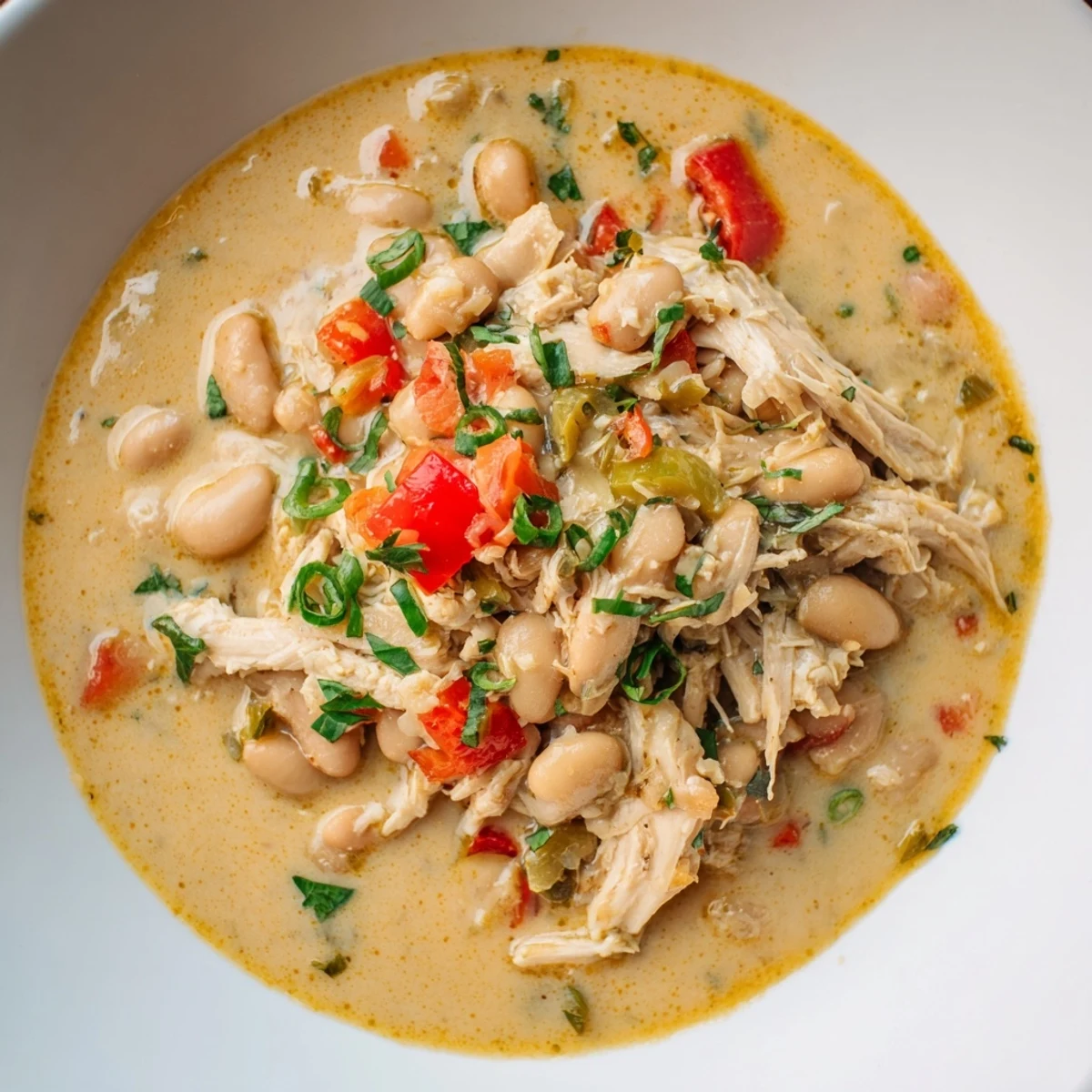 Enjoy a steaming bowl of Creamy White Chicken Chili with Beans, smelling of savory spices and tender chicken.