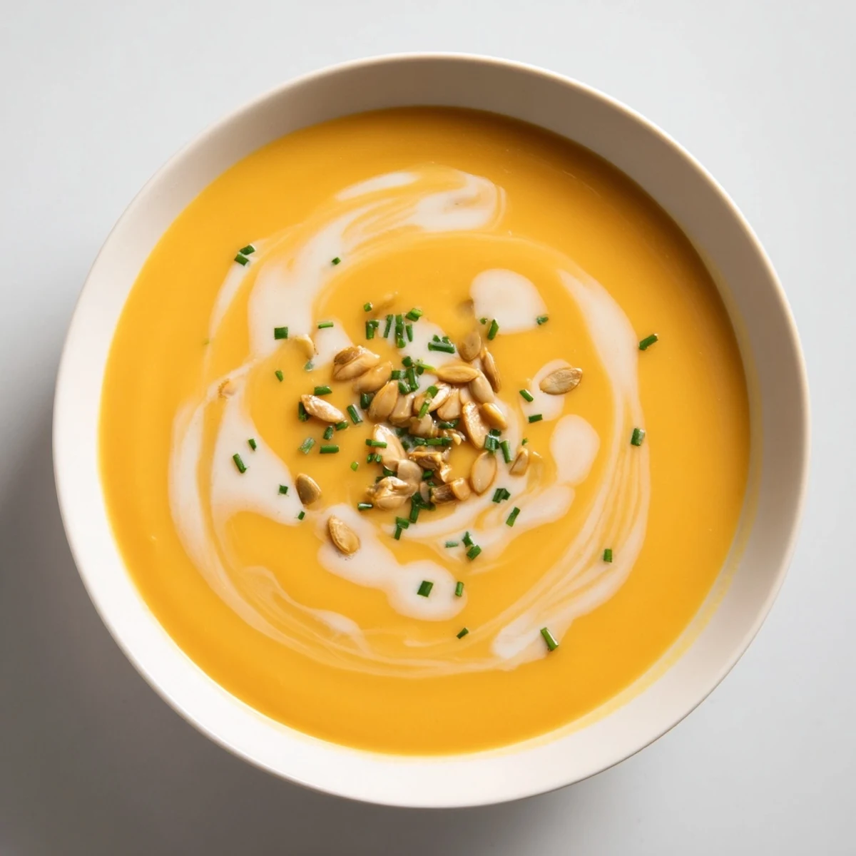 Golden Butternut Squash & Pear Soup, garnished with fresh herbs and toasted pumpkin seeds, looks delicious.