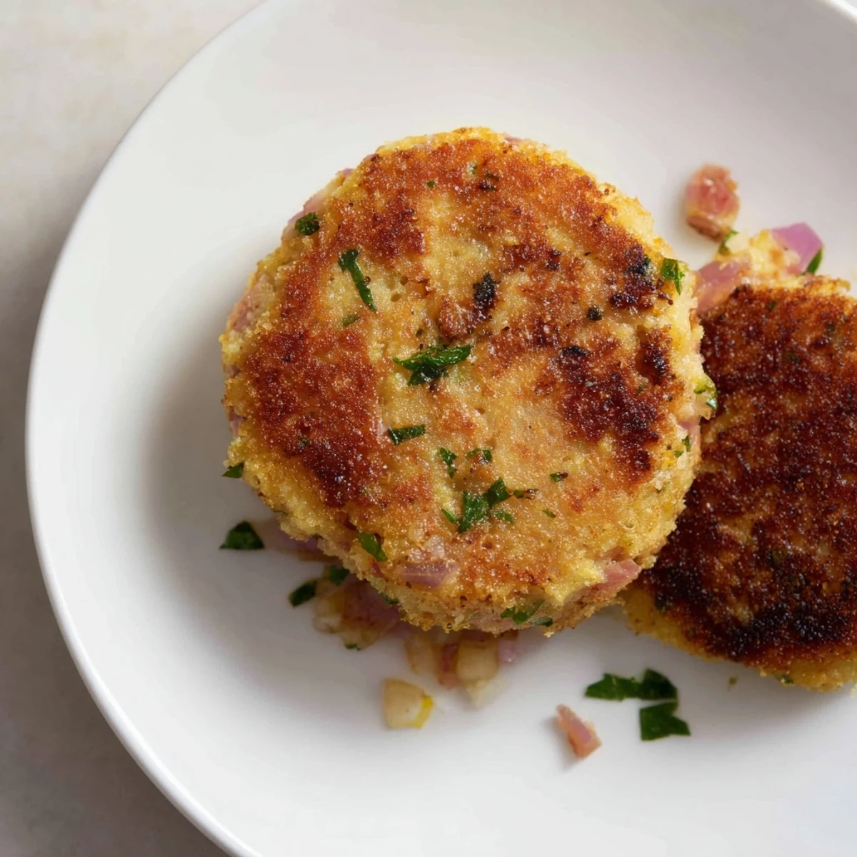 A close-up of delicious Depression-Era Ham & Potato Patties, showcasing the savory ham and potatoes.