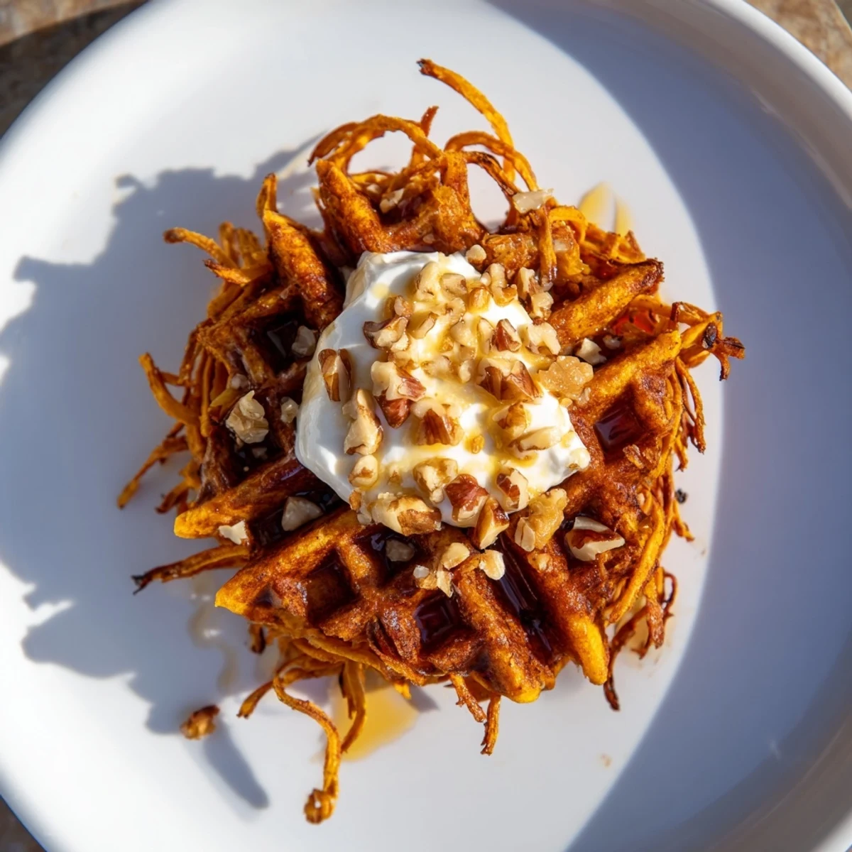 Golden brown and crispy sweet potato waffle, a delicious and easy breakfast treat.