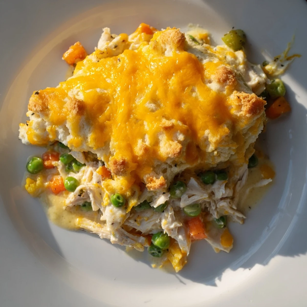 Hearty one-pan Chicken Cobbler with a bubbly chicken filling, topped with cheese biscuits.
