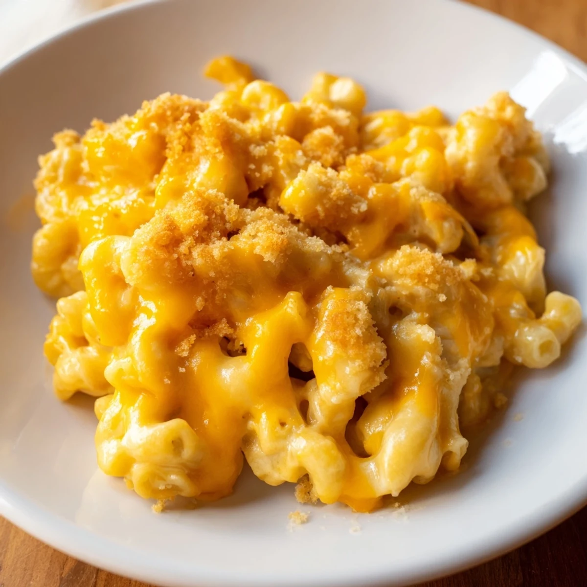 Golden, bubbly Mac & Cheese, with a creamy cheese sauce, perfect for a cozy dinner.