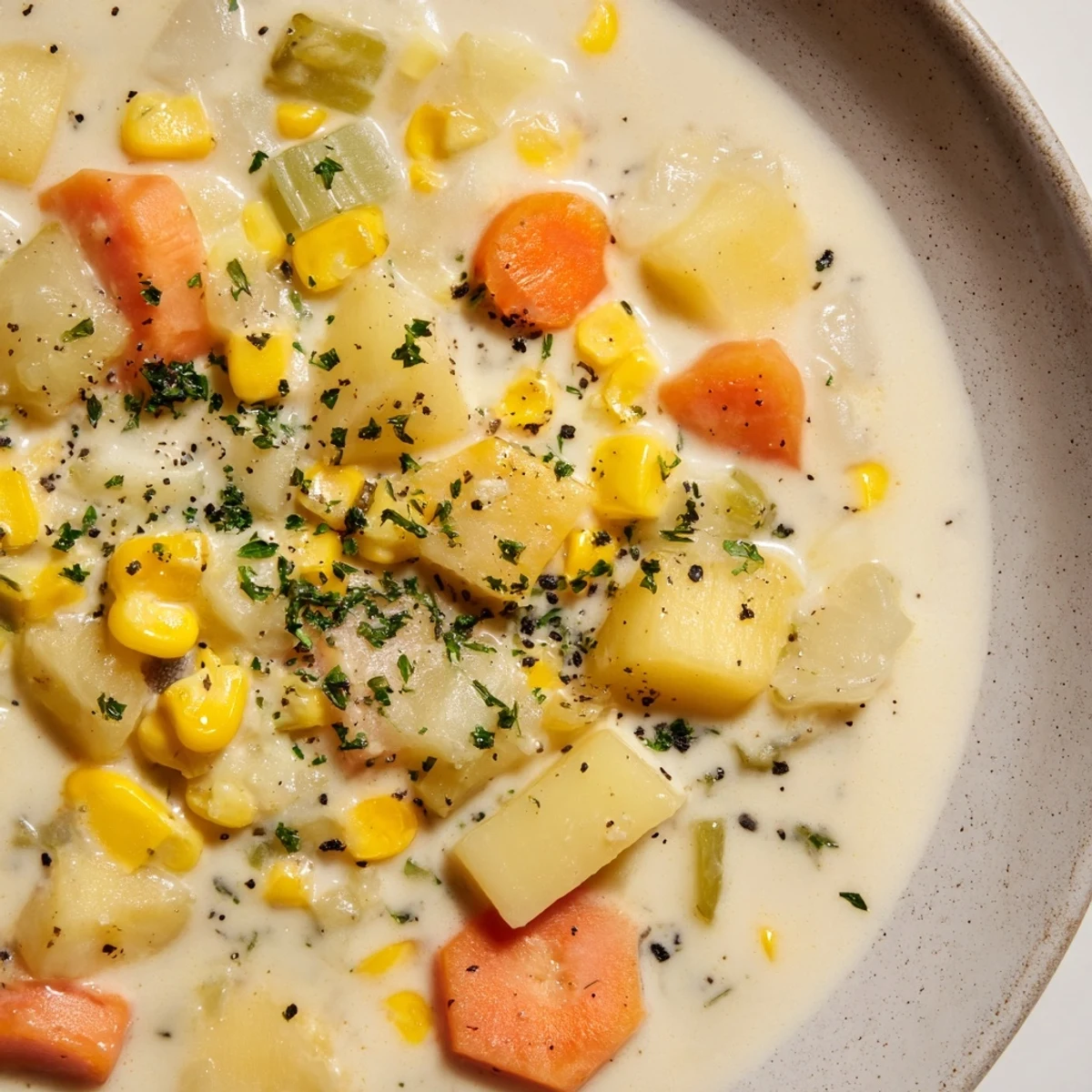 Creamy Corn & Potato Chowder in a bowl, garnished with herbs and a sprinkle of bacon.