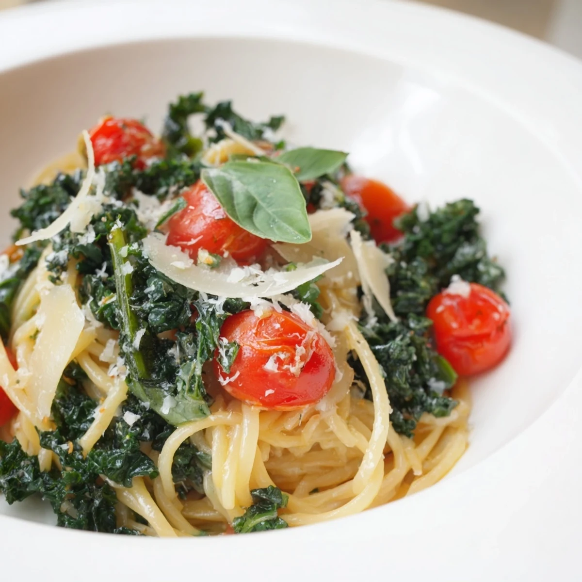 Steaming one-pot spaghetti with kale and tomatoes, plated with fresh basil and Parmesan cheese.