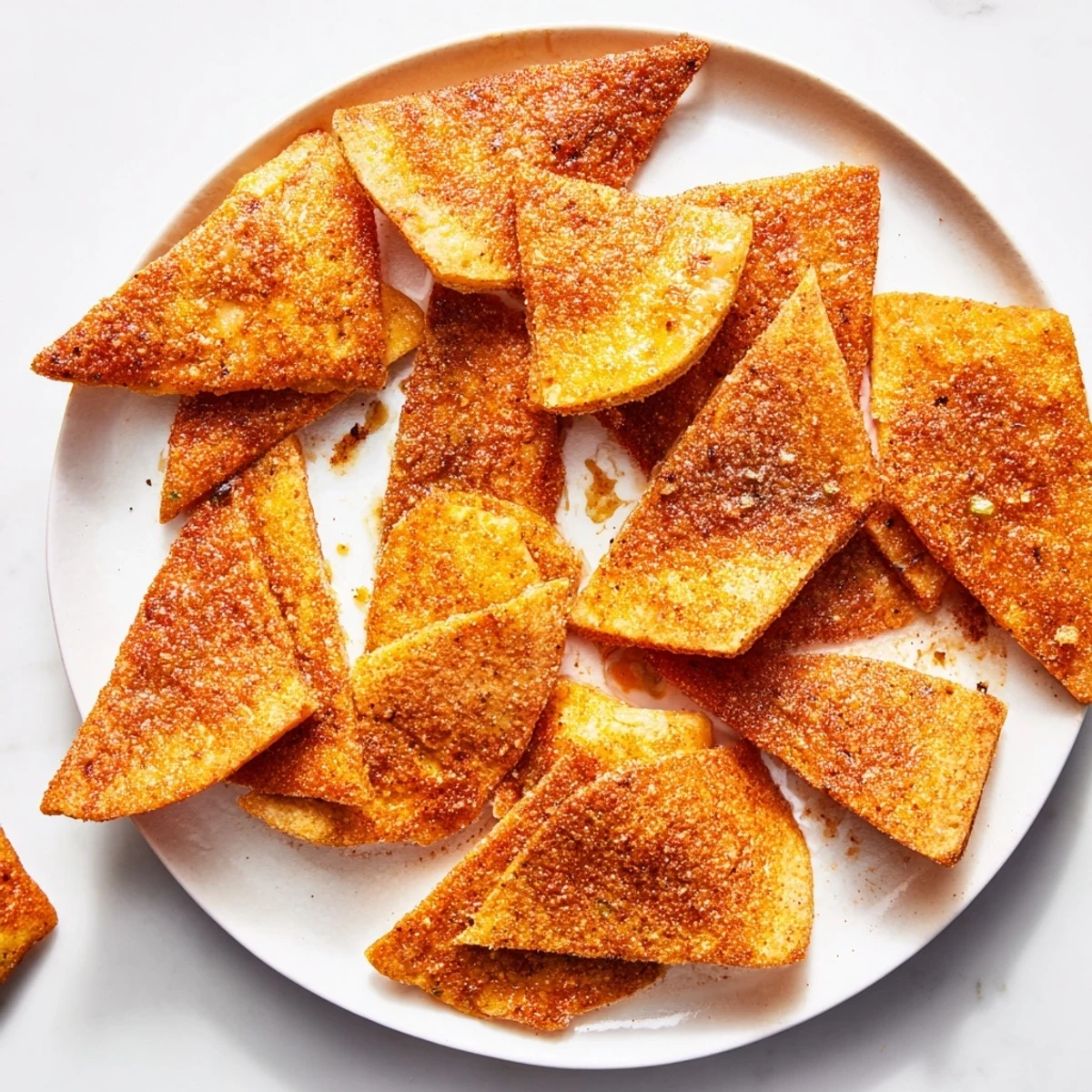 Golden-brown air-fryer tortilla chips sit next to vibrant, chunky homemade salsa for dipping.