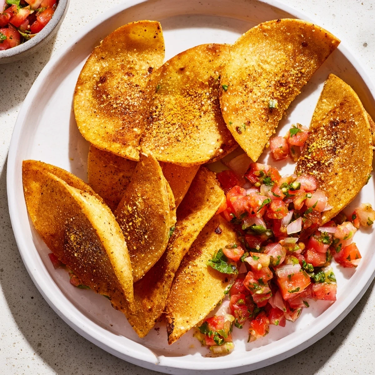 Close-up shot shows fresh salsa served alongside crunchy air-fryer tortilla chips, perfect snack.