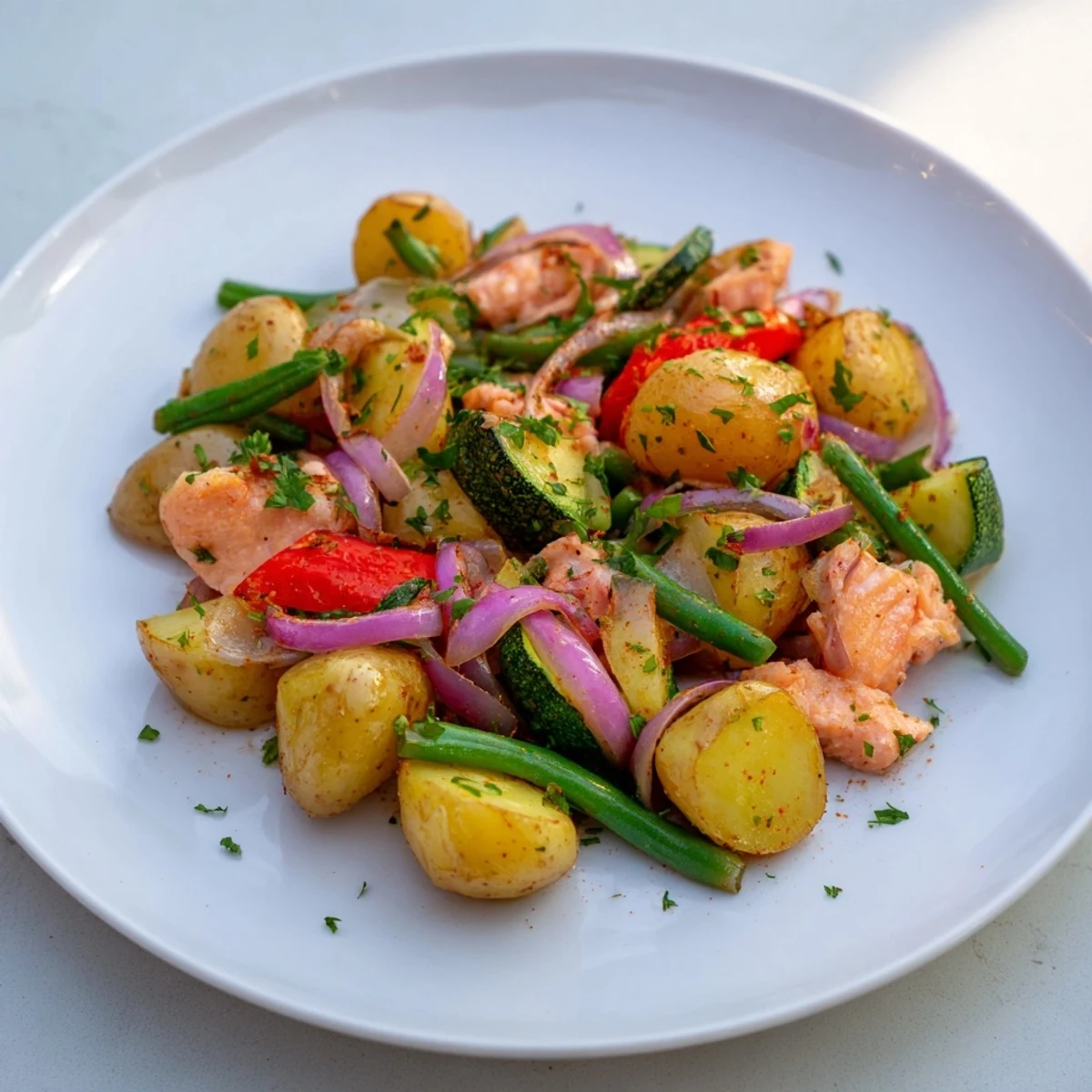 Delicious salmon & potato skillet, a healthy and satisfying meal with savory spices and herbs.