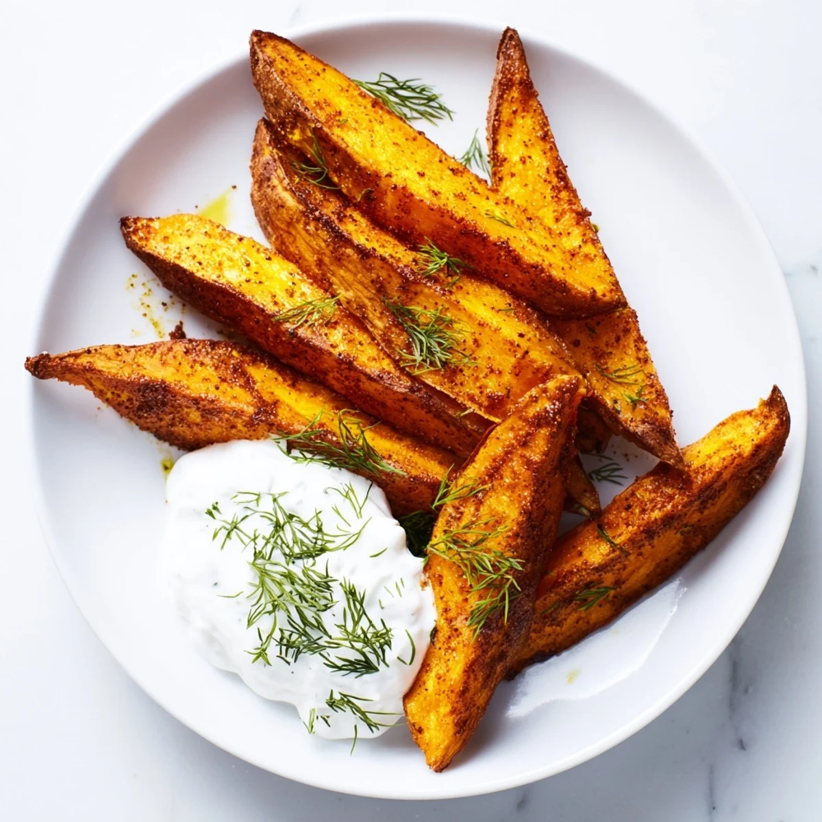 Tender roasted sweet potato wedges, a flavorful side dish, ready to dip and savor.