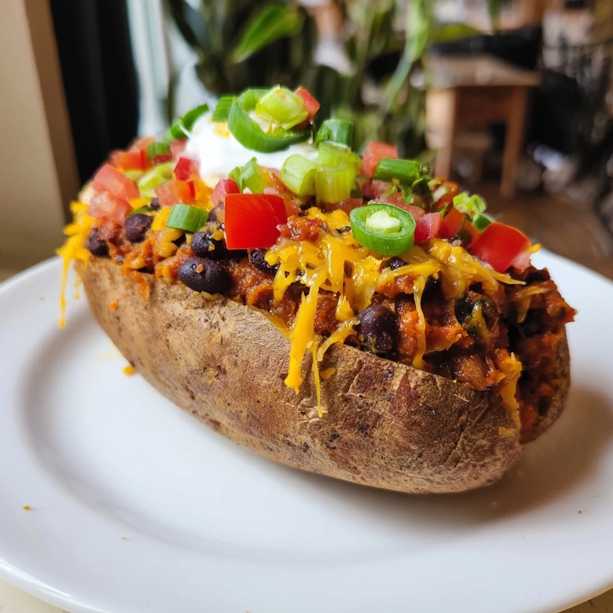Steaming Loaded Baked Potato overflowing with chili, melted cheese, and fresh green onions, ready to eat.