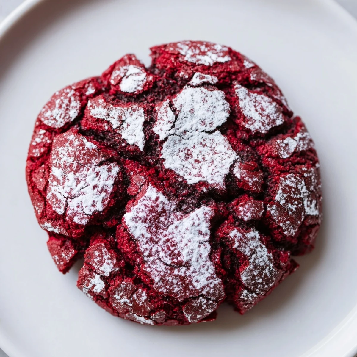 Warm, crackled Red Velvet Chocolate Crinkle Cookies dusted in powdered sugar, ready to eat.