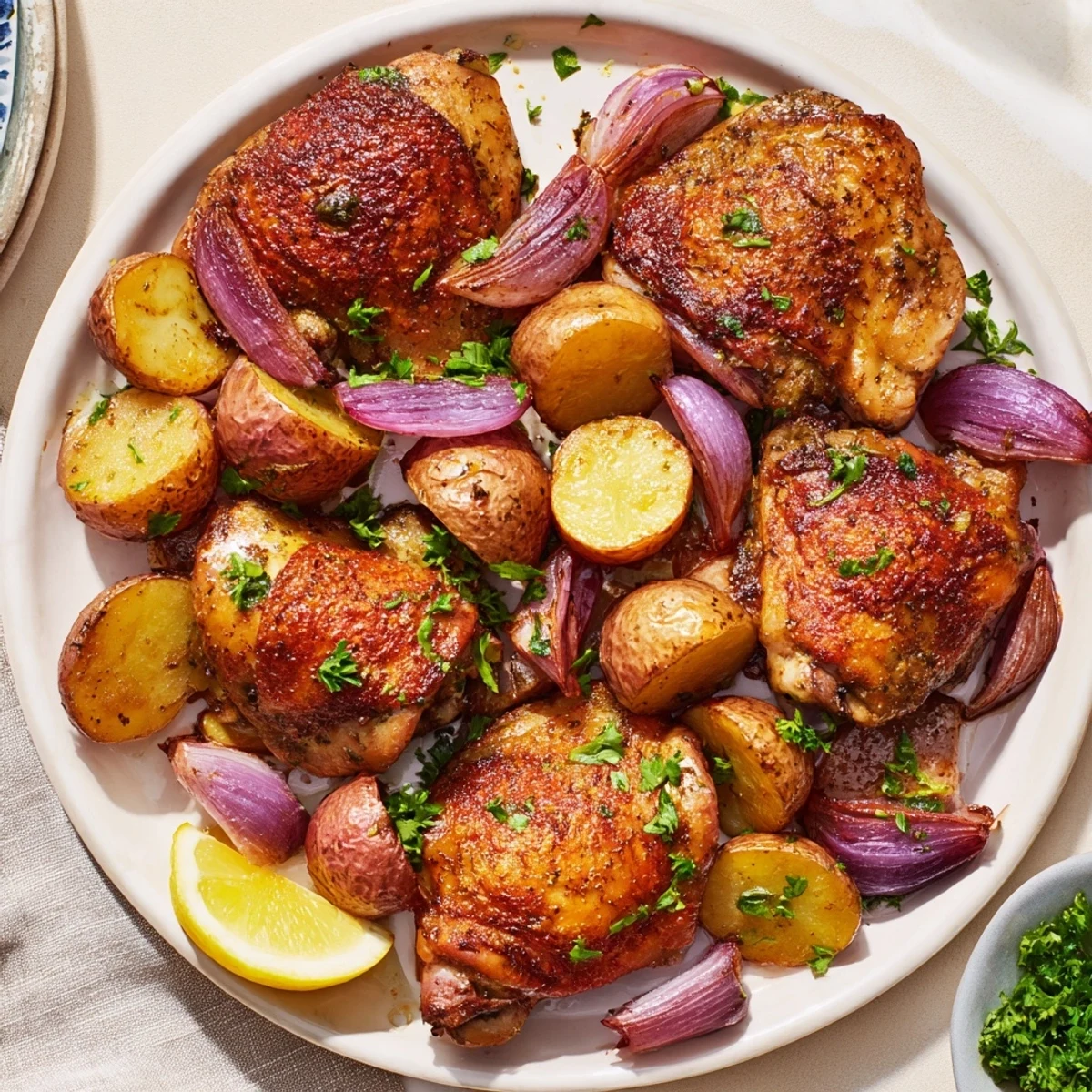 Golden-brown Sheet Pan Zaatar Chicken with roasted potatoes, offering a delicious, flavorful, and easy Middle Eastern dinner.