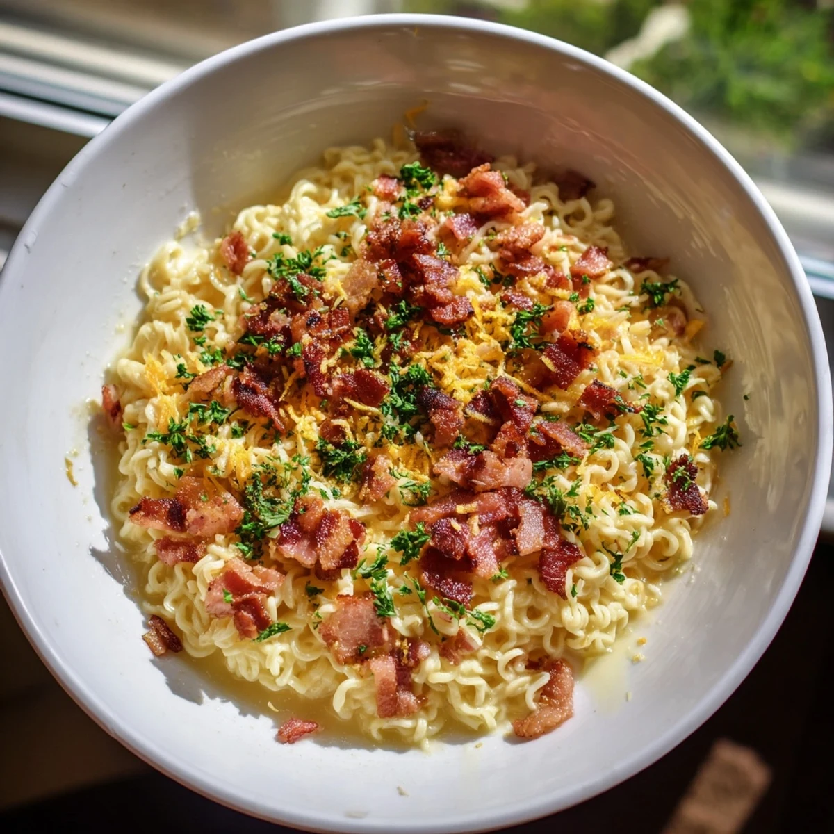 Instant Pot Carbonara Ramen Hack: A creamy bowl of ramen with crispy bacon and Parmesan cheese.