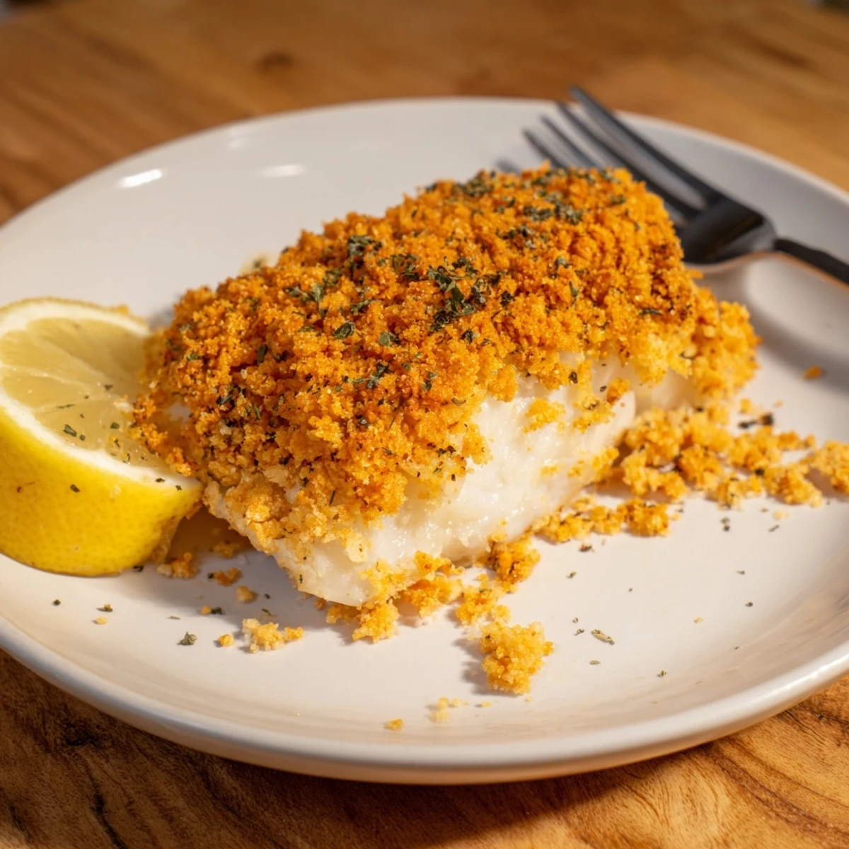 Golden, crisp Ritz cracker topping covers flaky baked cod, a comforting classic American meal.