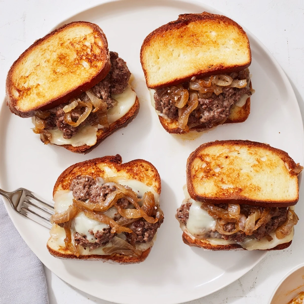 A sizzling cast iron skillet holds a delicious Patty Melt Skillet, ready for a comforting meal.