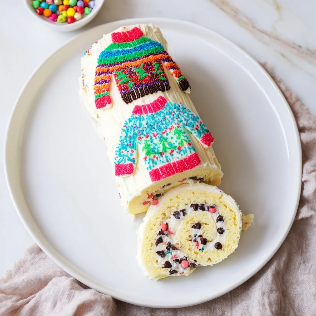 Festive Ugly Sweater Cake Roll with colorful frosted designs, sprinkles, and candies.