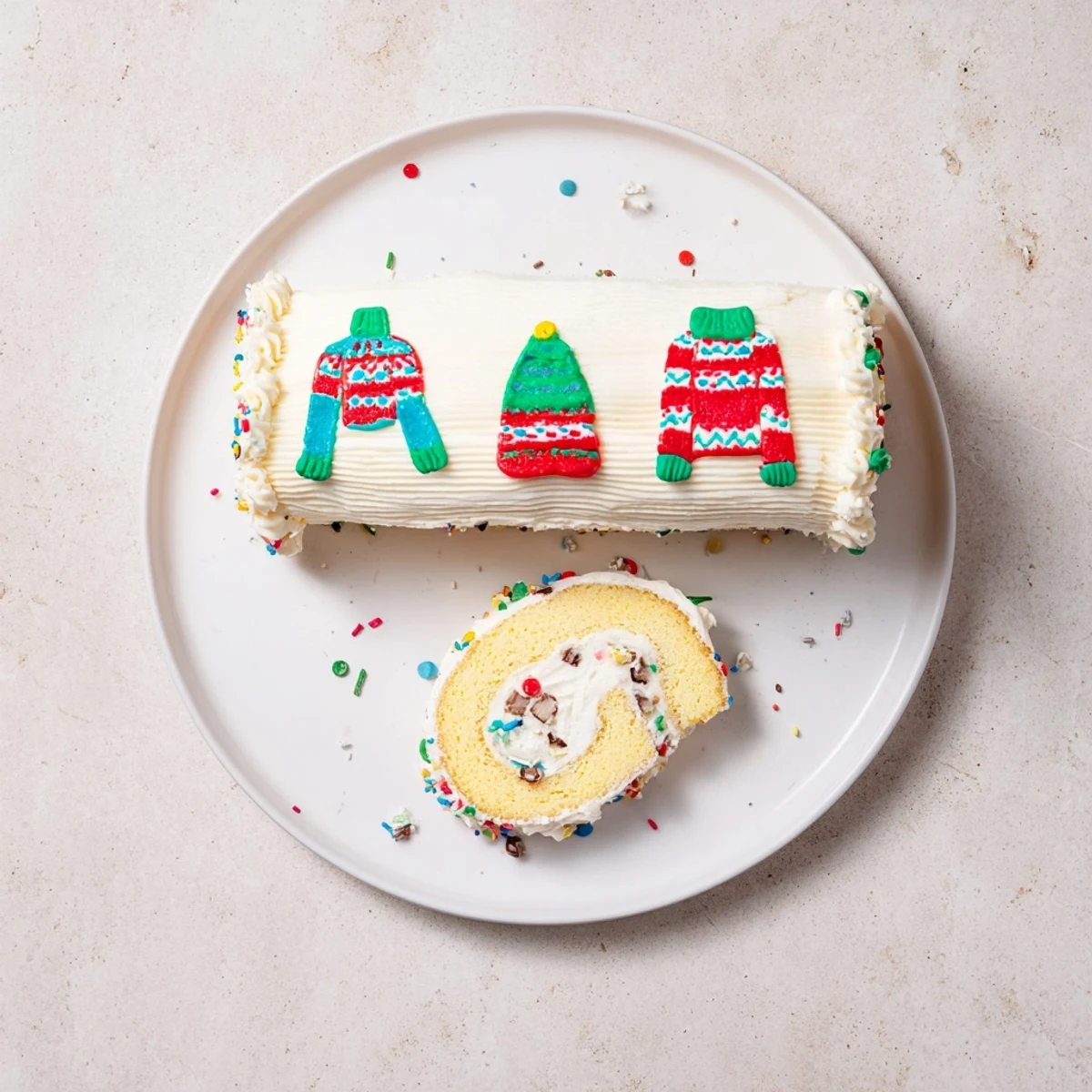 The Ugly Sweater Cake Roll, a delightful dessert with varied frostings and vibrant sprinkles topping.