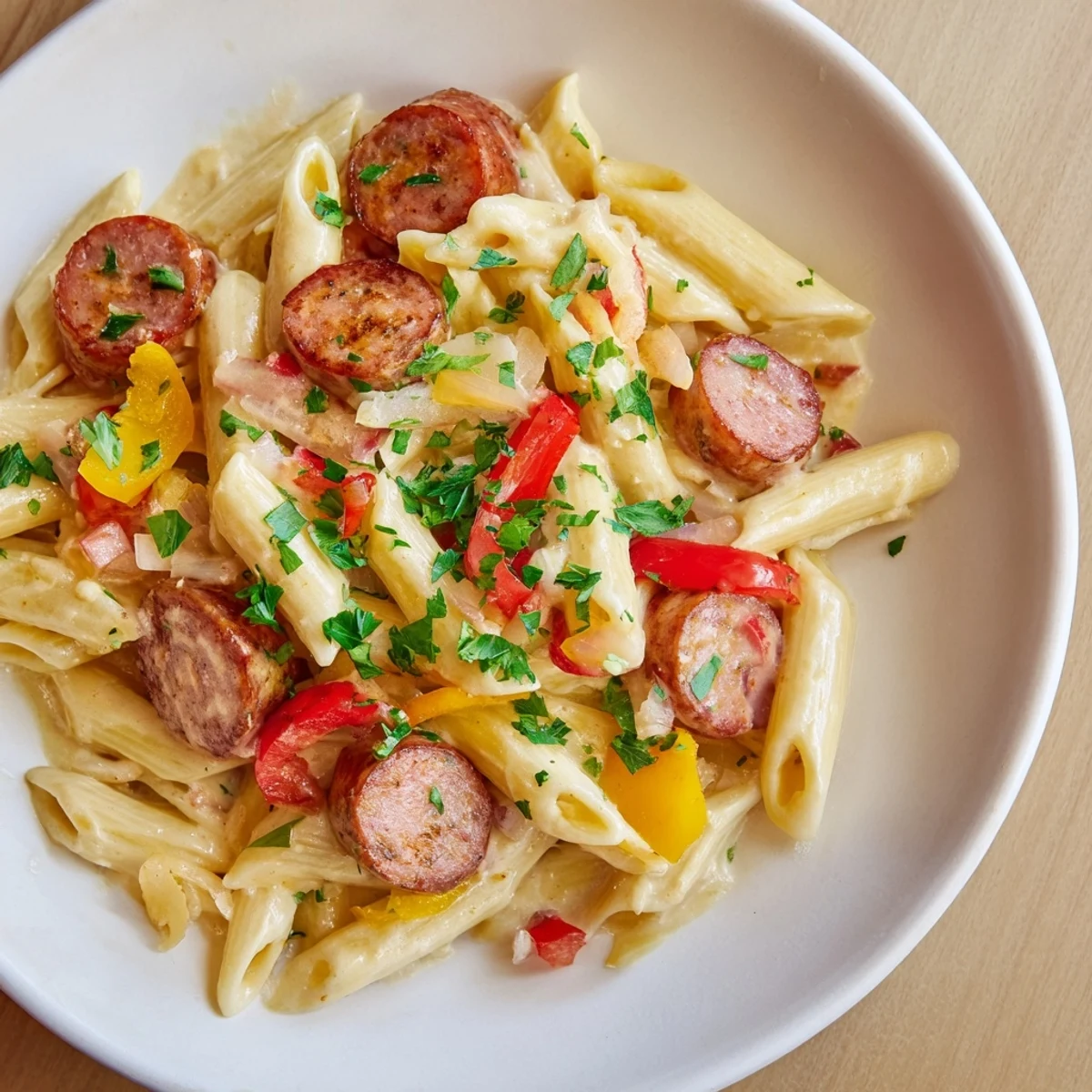 Enjoy this flavorful Smoked Sausage Cajun Alfredo; look at that rich, cheesy Alfredo sauce!