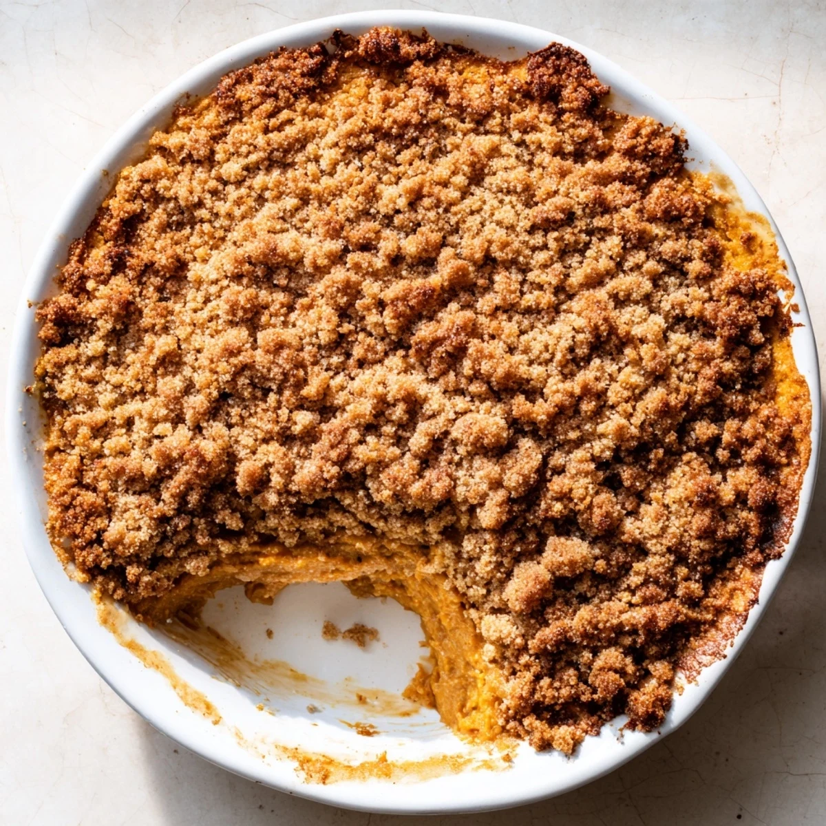 Golden-brown Pumpkin Crisp, offering a perfect crumble-to-pumpkin ratio, ready for serving.