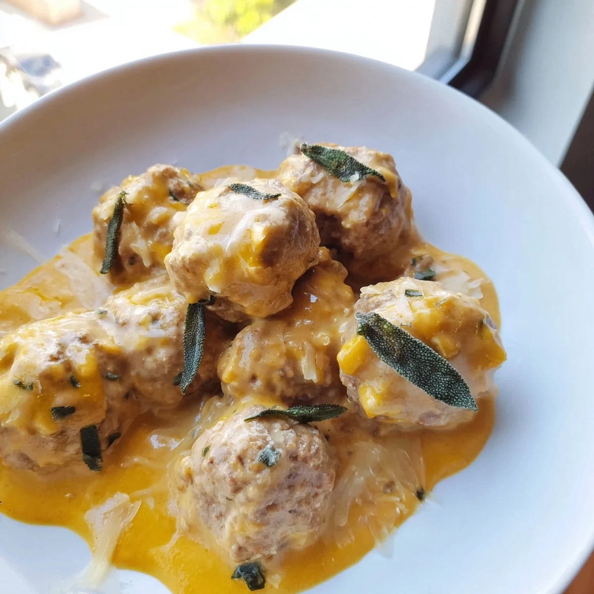 A warm bowl showcases tender Turkey Meatballs with Pumpkin Sage Sauce; imagine the comforting flavors.