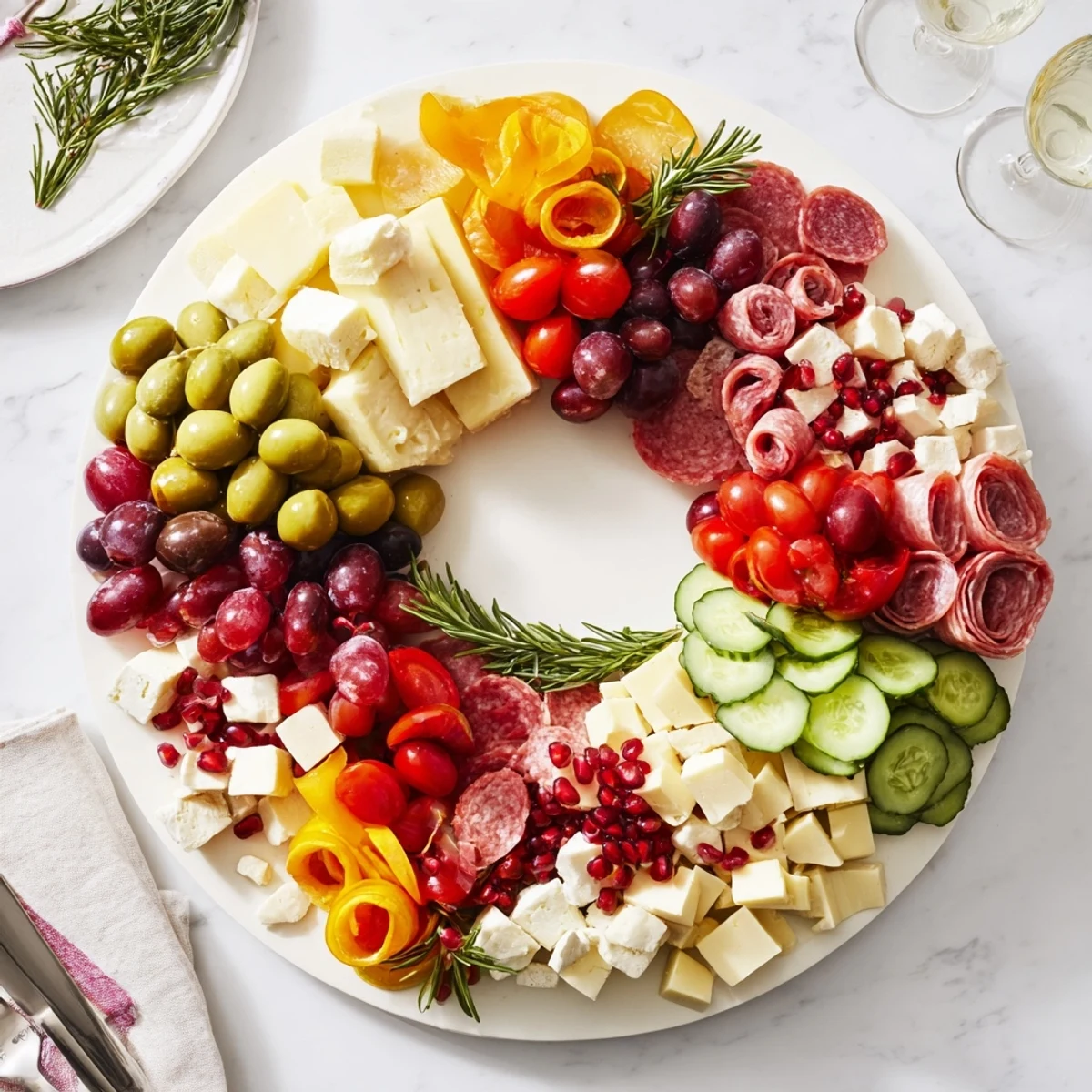 Delicious Quick Christmas Charcuterie Wreath Board showcasing assorted cheeses and meats, creating a delightful holiday appetizer.