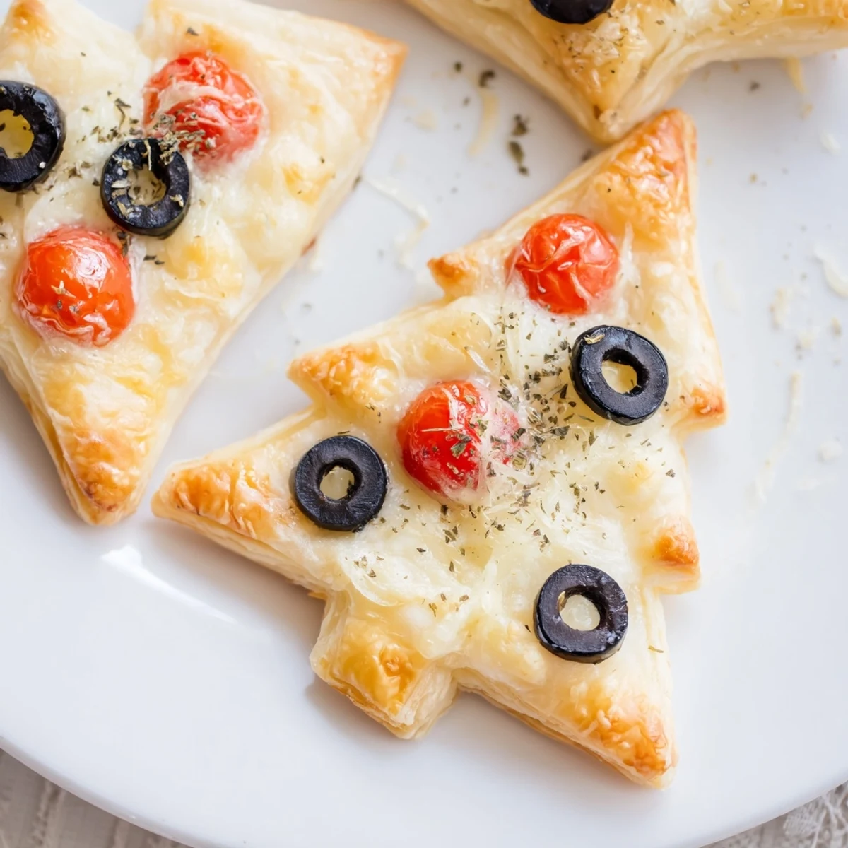 Golden, flaky Puff Pastry Christmas Tree Pizza Bites topped with melted cheese and vibrant tomatoes.