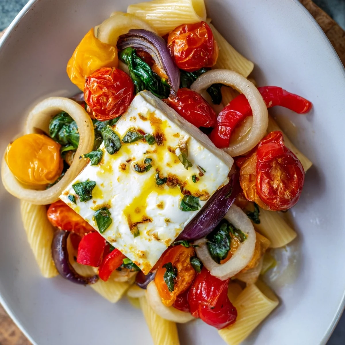 Enjoy the bright flavors of this colorful One-Pan Baked Feta Christmas Pasta: a simple, satisfying meal.