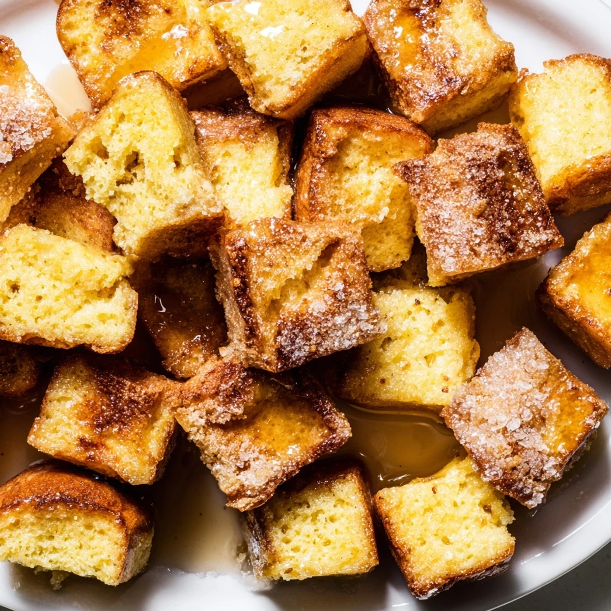 Golden-brown Mini French Toast Casserole Bites, warm and buttery, ready to serve with maple syrup.