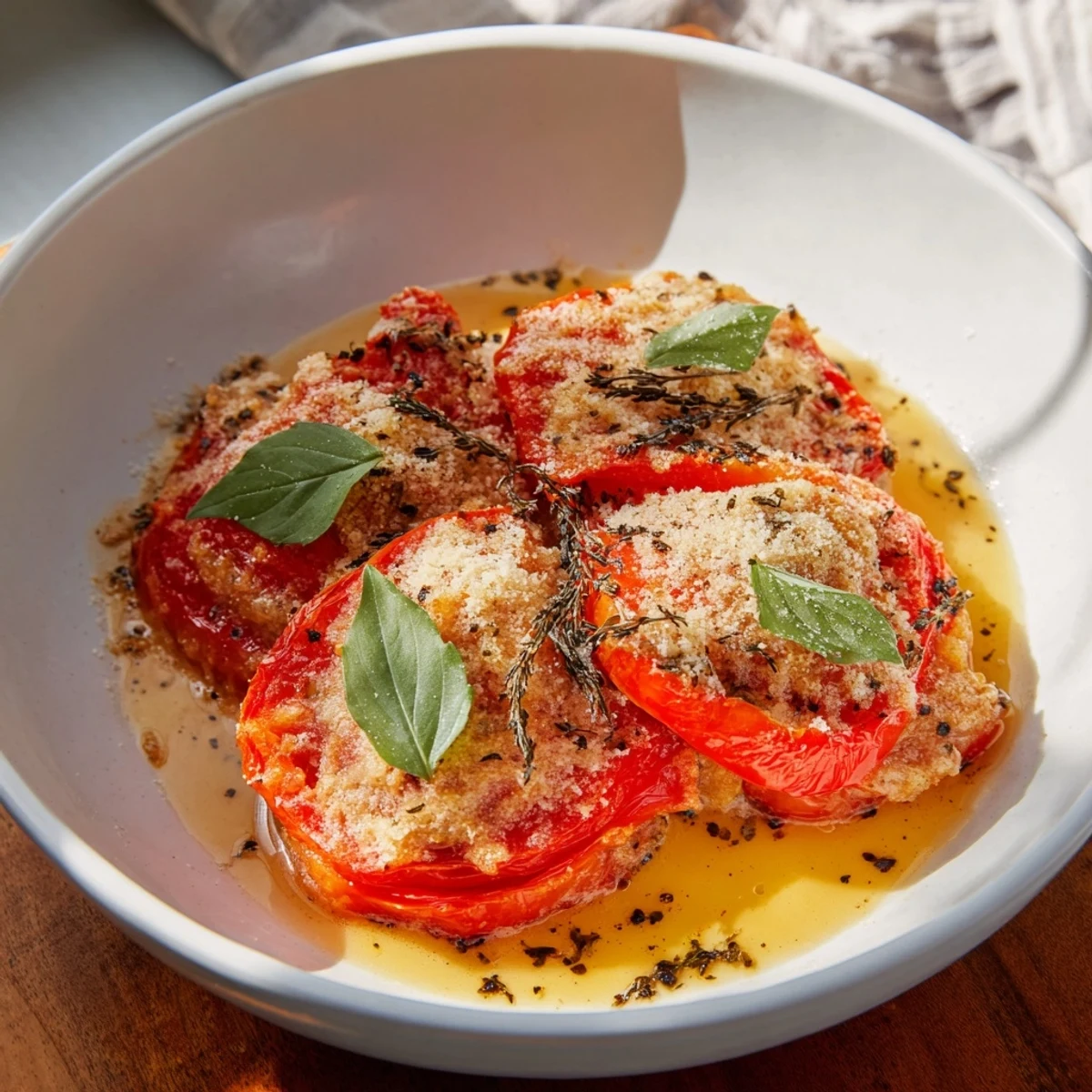 A close-up view of the Speedy Feta-Free Tomato Bake, showcasing tender tomatoes and golden Parmesan.