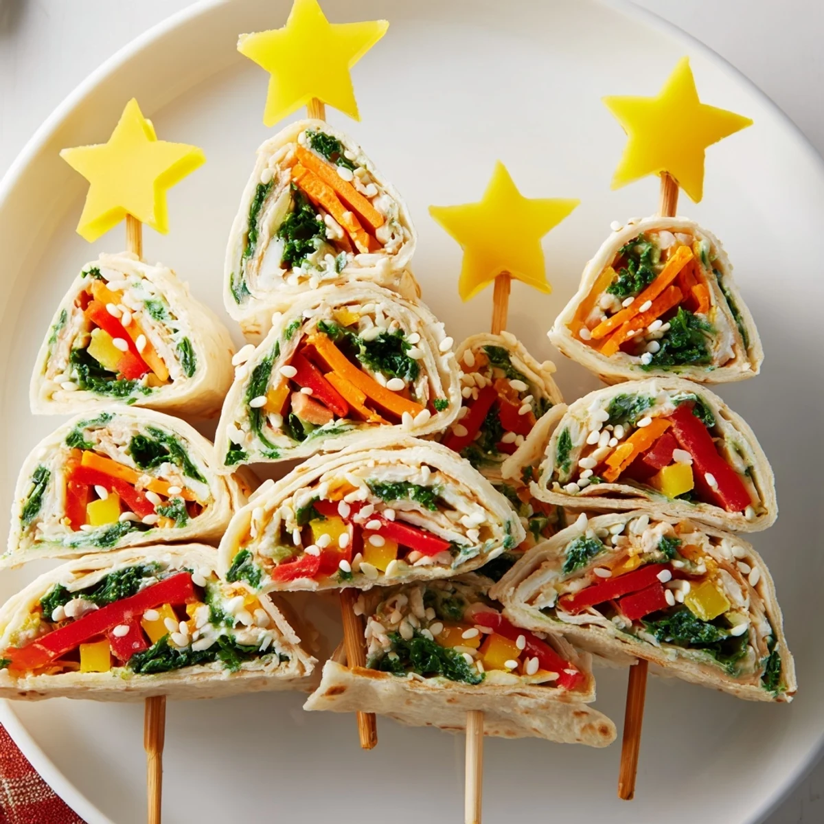 Air Fryer Christmas Tree Veggie Tortilla Wraps feature vibrant veggies nestled in crisp, golden spirals.
