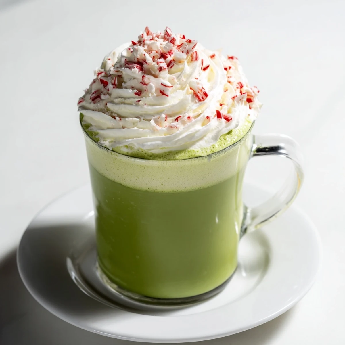 Delicious Cozy Peppermint Matcha Christmas Latte, rich green color with candy cane sprinkled on top.