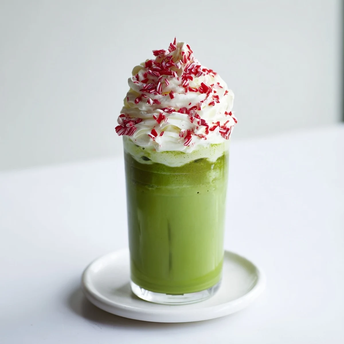 Beautifully layered Sugar-Free White Chocolate Candy Cane Iced Matcha, topped with crushed candy canes, ready to sip.