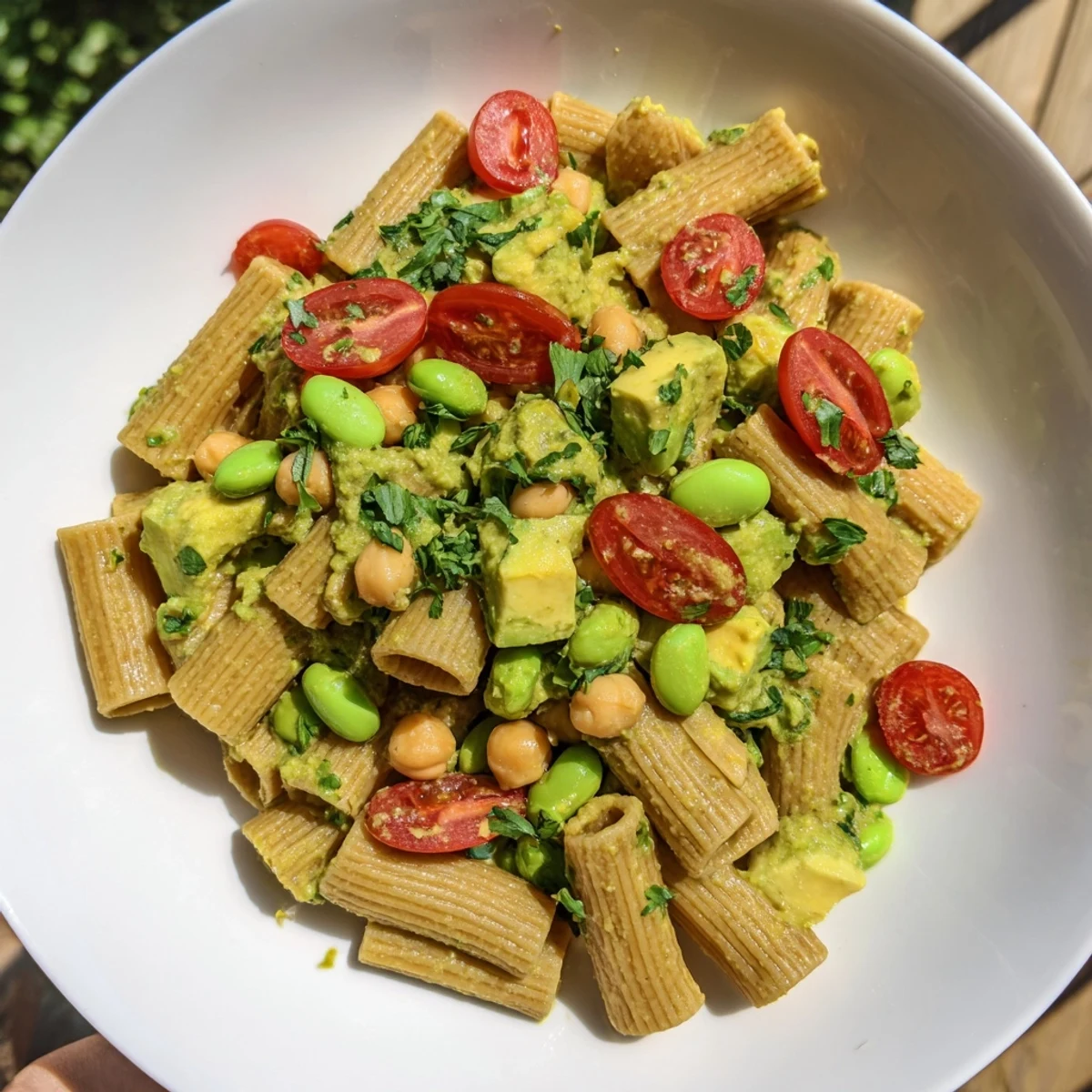 Holiday Glow Green Goddess Protein Pasta Salad, a colorful, creamy salad with fresh herbs and tasty pasta.