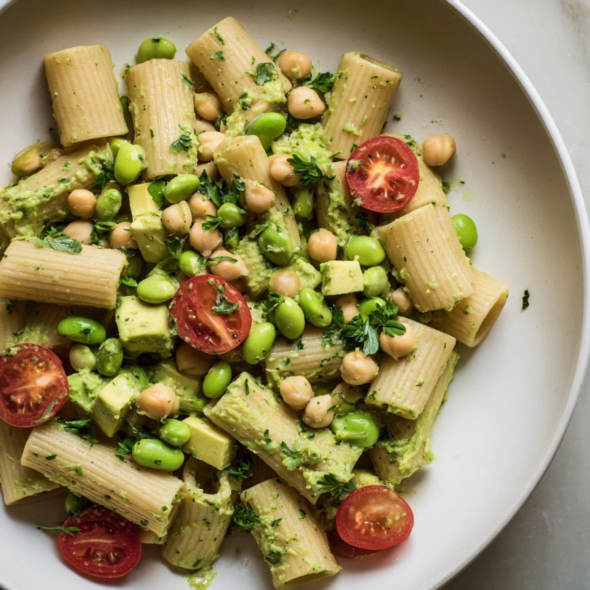 This vibrant Holiday Glow Green Goddess Protein Pasta Salad features a bright green dressing and delicious, fresh vegetables.