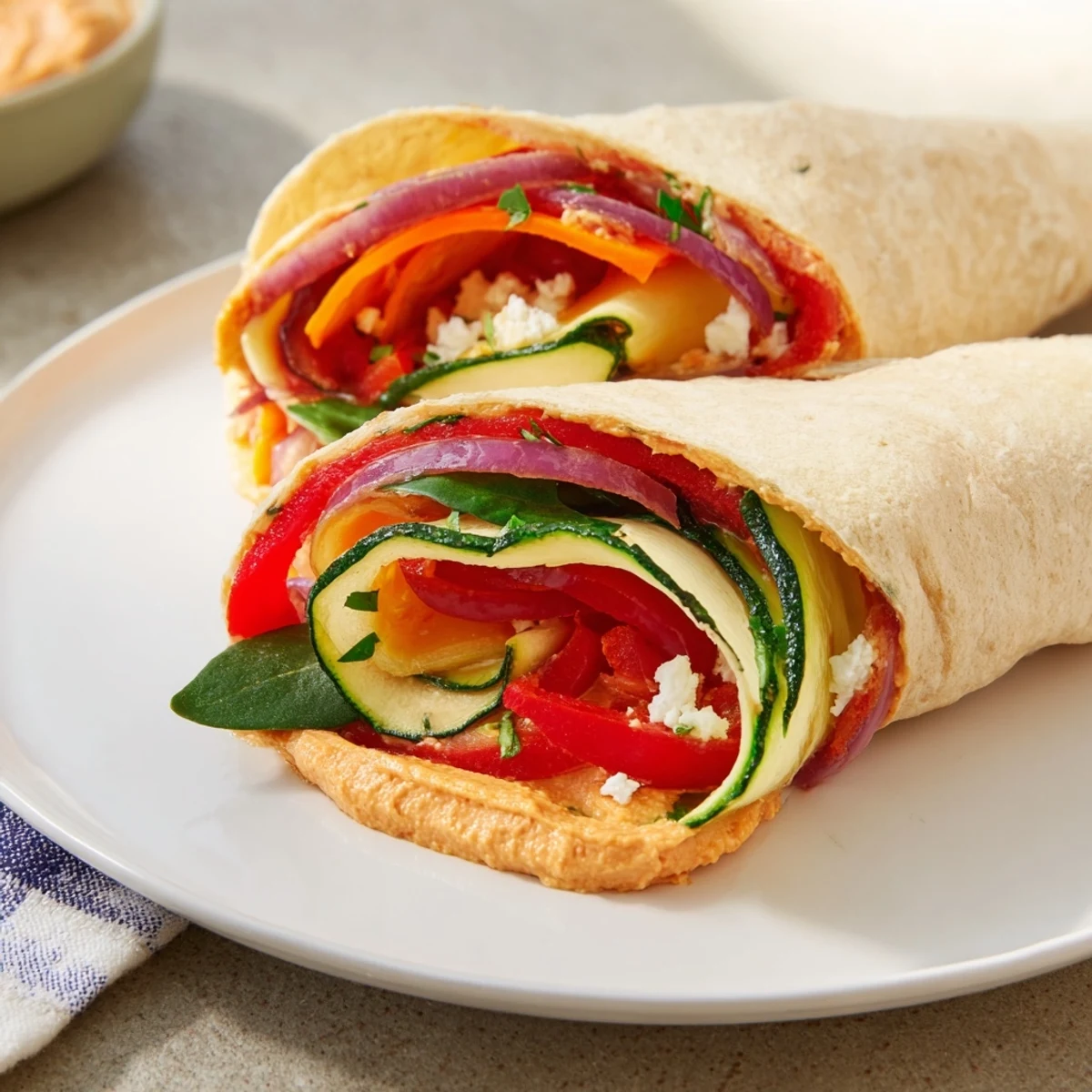 Golden brown, flaky edges offer a satisfying crunch to the healthy Snowflake Hummus & Roasted Veggie Wrap meal.