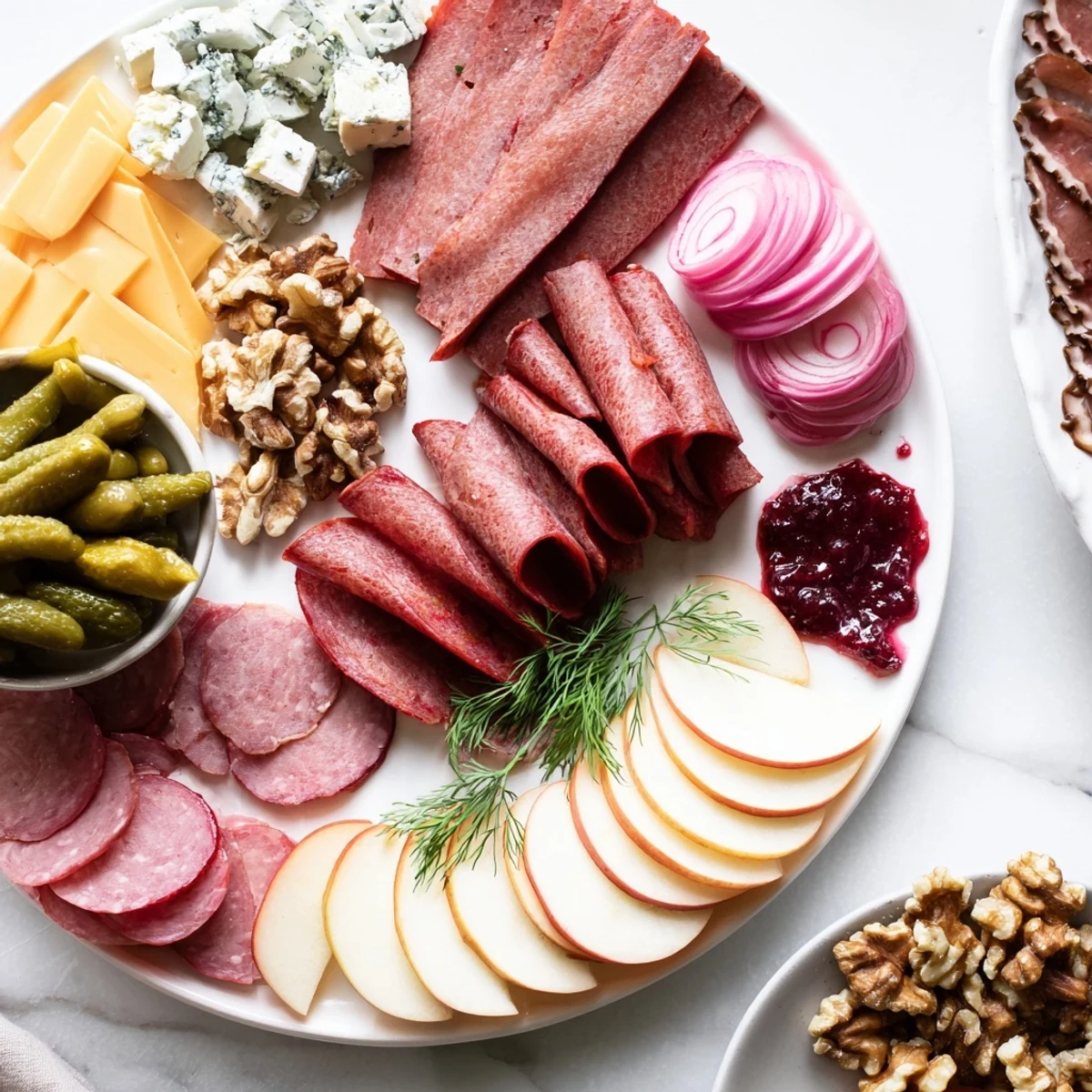 Artfully arranged Reindeer Charcuterie Platter boasting rich smoked reindeer and vibrant pickled mushroom accents for a party.