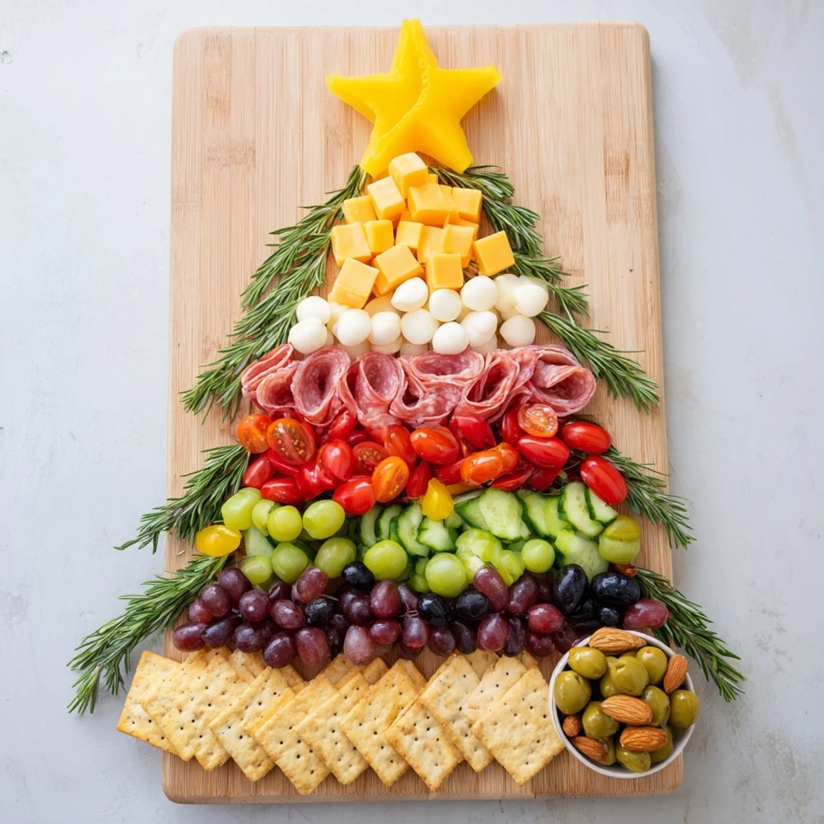 Festive Christmas Tree Snack Board with colorful cheeses, meats, crackers, and olives, ready to enjoy.