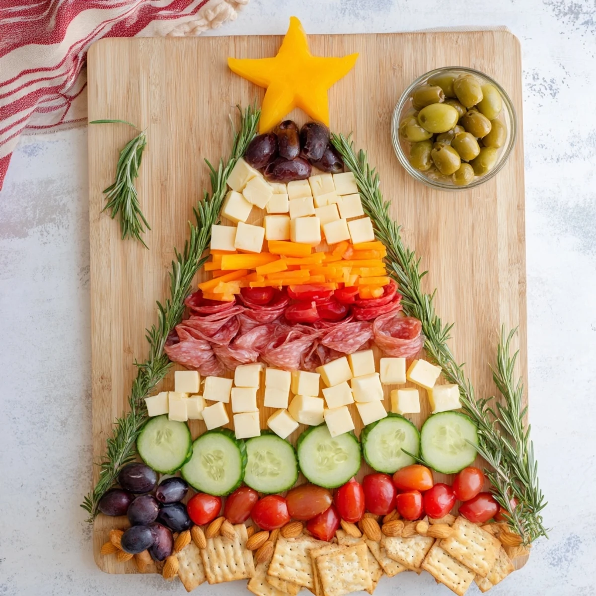 This beautiful Christmas Tree Snack Board features fresh fruit, savory meats, and cheese, an easy holiday treat.