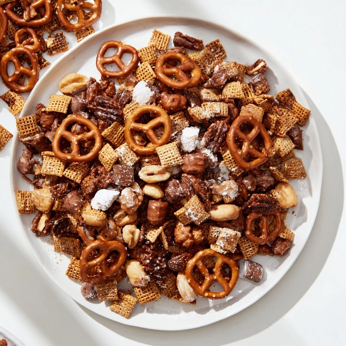 Sweet and crunchy Festive Pine Cone Snack Mix with mini chocolate chips visible throughout the textured snack.