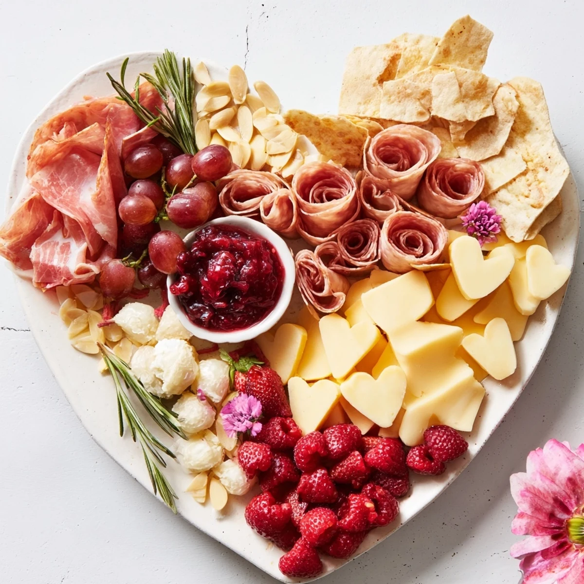 Heart-shaped charcuterie board: a beautiful arrangement of meats, cheeses, and fruits ready to serve.