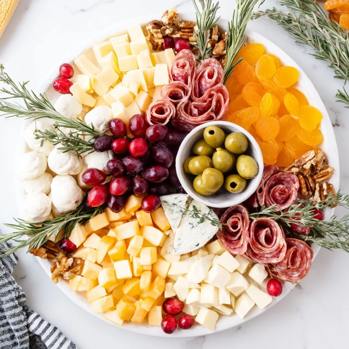 Festive Holiday Wreath Cheese Platter, showcasing creamy Brie, savory meats, and vibrant fresh fruit.