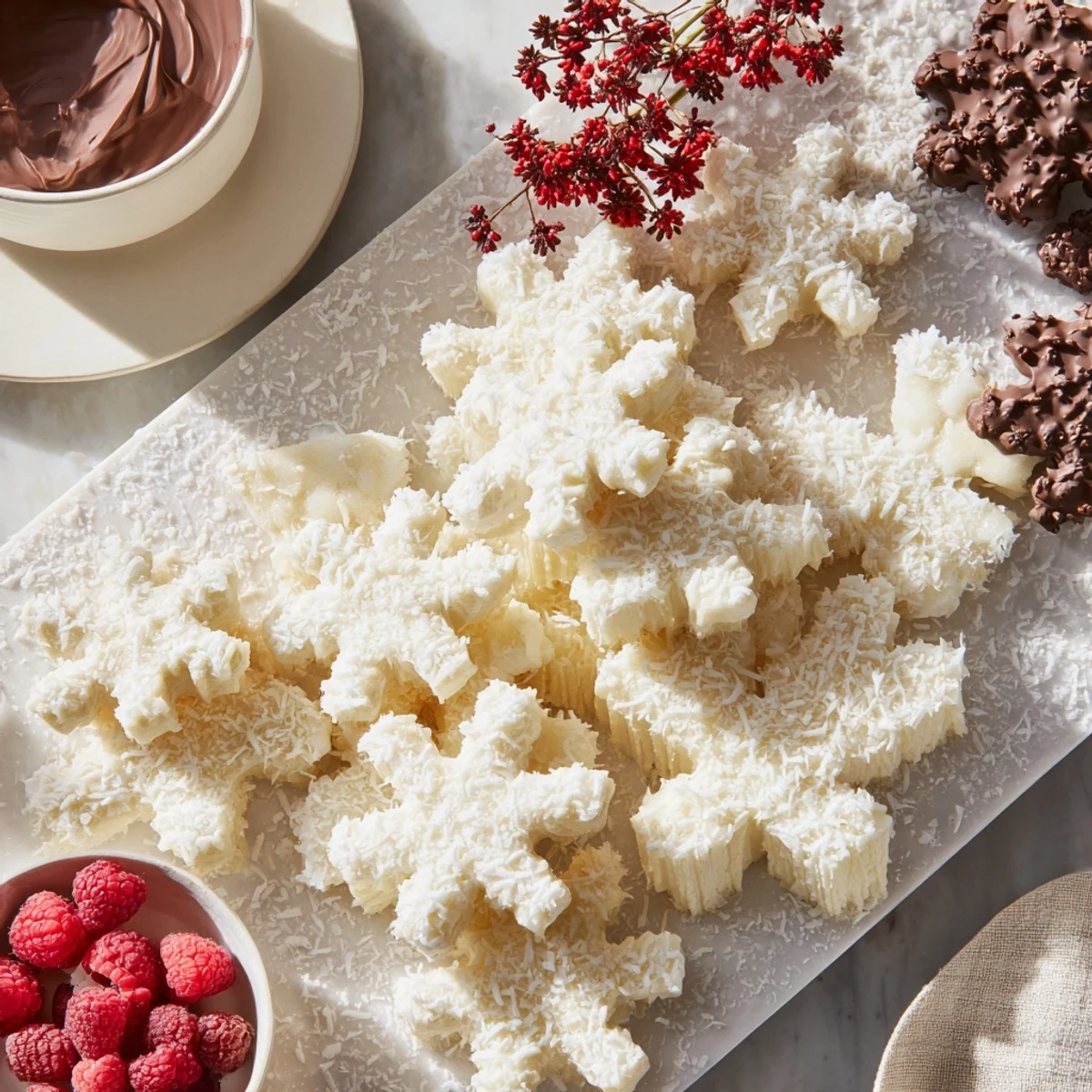 This Snowflake dessert board features a winter wonderland of treats, with sweet accents and creamy dips.