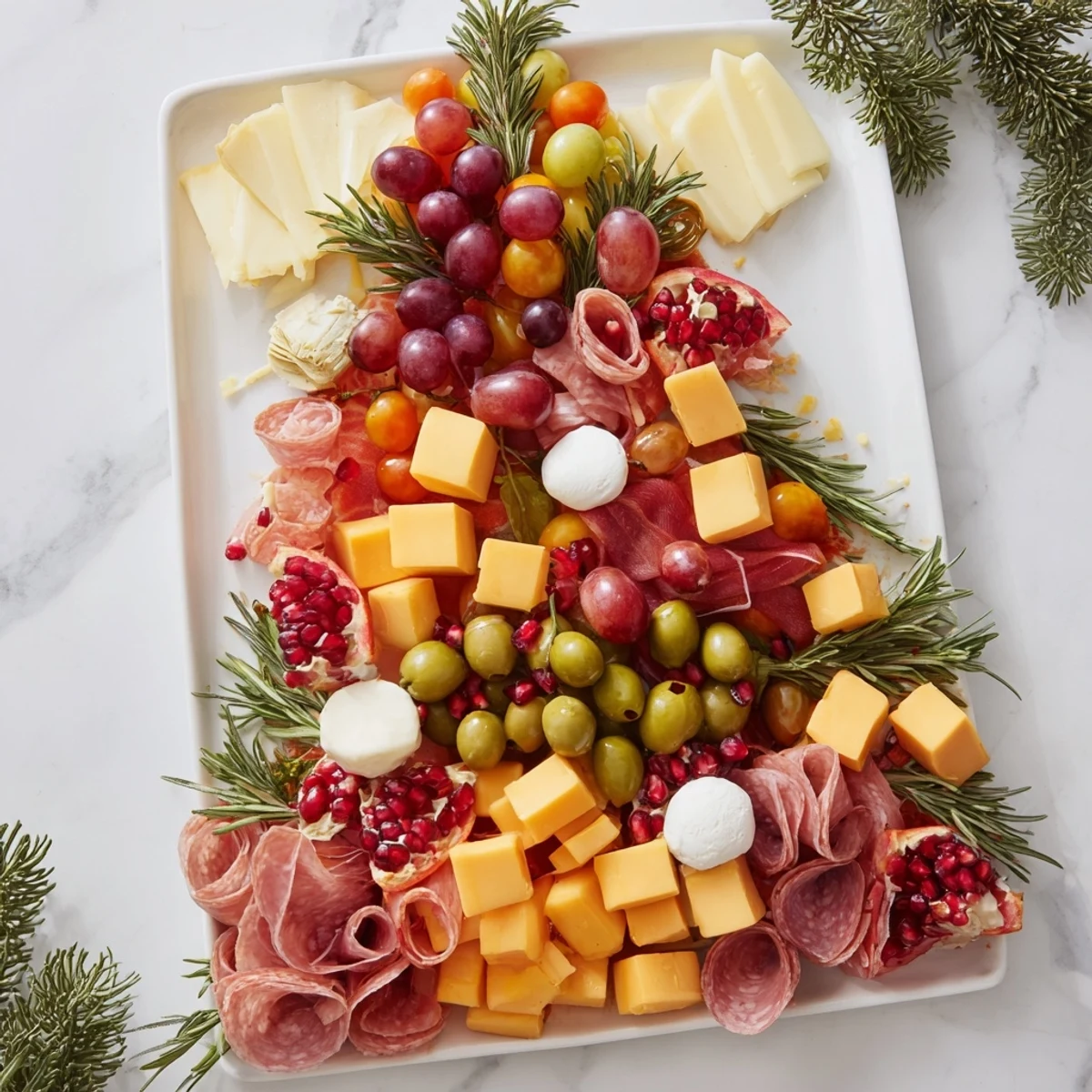 Christmas Tree Charcuterie Dream bursting with colorful cheeses, meats and fruit laid out beautifully.